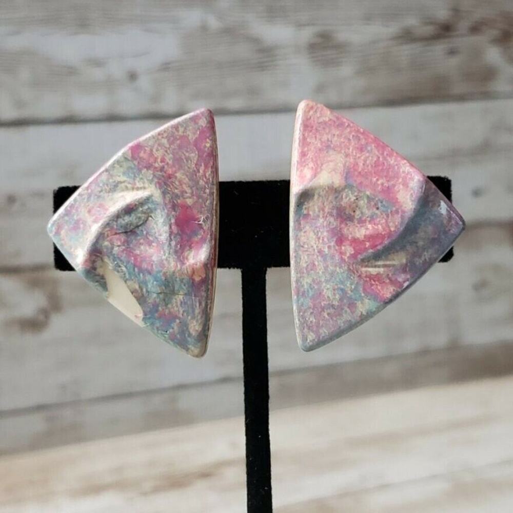 Vintage Clip On Earrings Marbled Pastel Color Triangular Shape Large